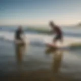 Dynamic surf lesson in Virginia Beach showcasing an instructor guiding a student on the water.