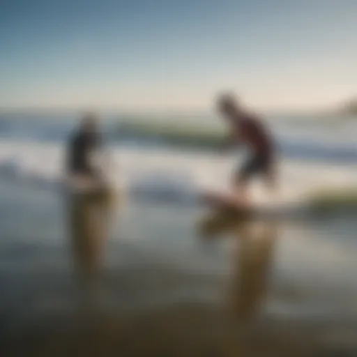 Dynamic surf lesson in Virginia Beach showcasing an instructor guiding a student on the water.