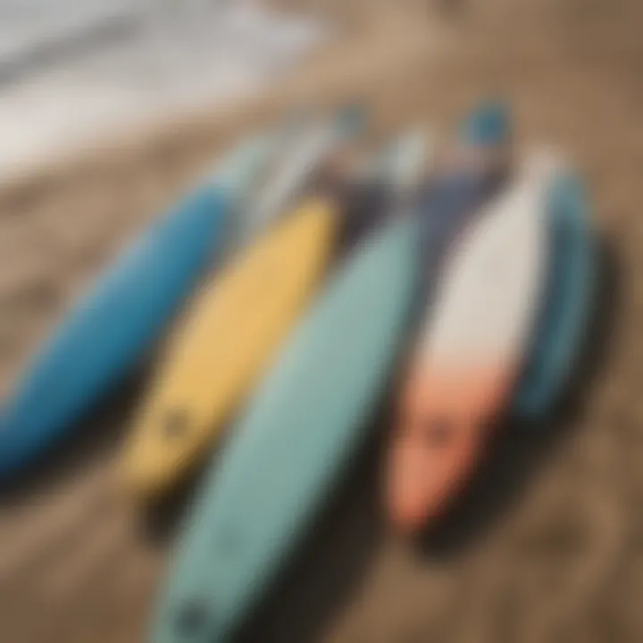 An array of surfboards lined up on the beach, showcasing various equipment options.