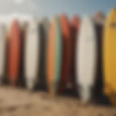 Various types of surfboards displayed on a beach