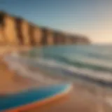 Surfboard with vibrant Algarve coastline in background