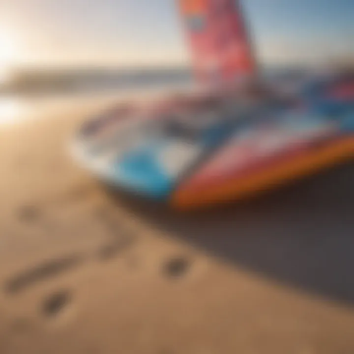 Vivid kite surfing equipment arranged on sandy beach in Orlando