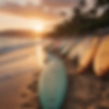 Sunset view of surfboards lined up on Waikiki Beach