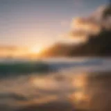 A vibrant sunrise over Waikiki beach with surfers in the water