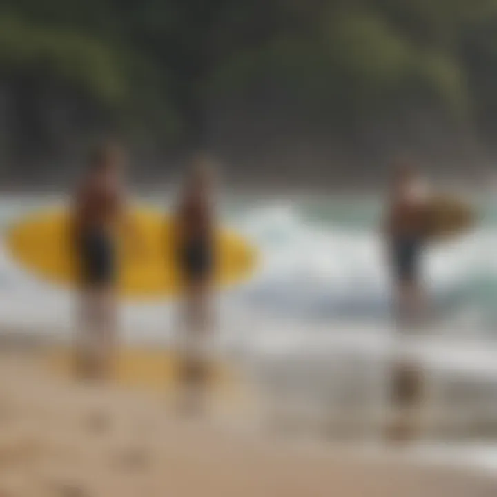 A group of surfers discussing wave conditions on the beach