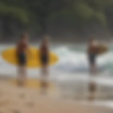 Surfer Community Sharing Insights A group of surfers discussing wave conditions on the beach