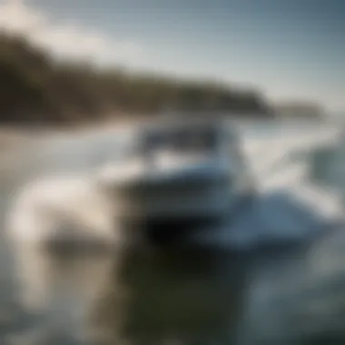 Close-up of wake surf boat features and specifications