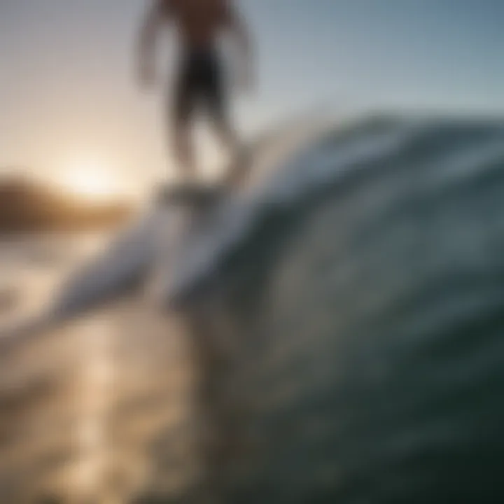 Close-up of a wakesurf board with ocean waves in the background