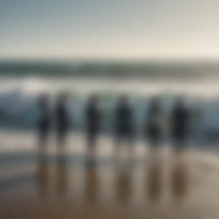 Group of surfers discussing wave conditions while looking at the app