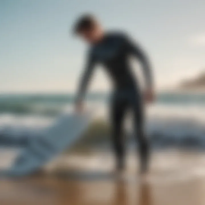 A surfer adjusting the fit of a size 16 wetsuit before hitting the waves