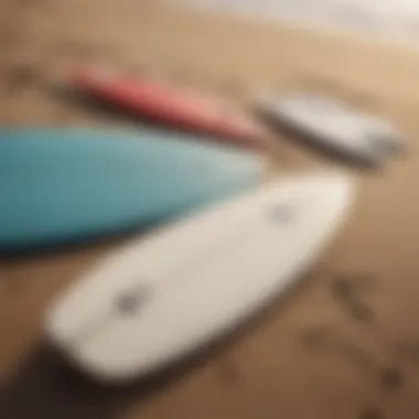 An illustration of surfboard sizes compared on a sandy beach.