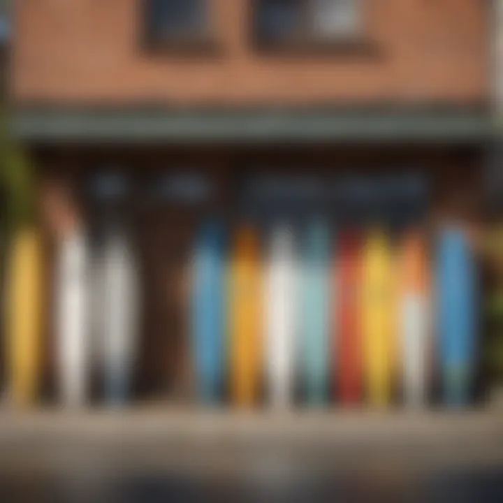 Surfboard rental shop facade with surfboards displayed