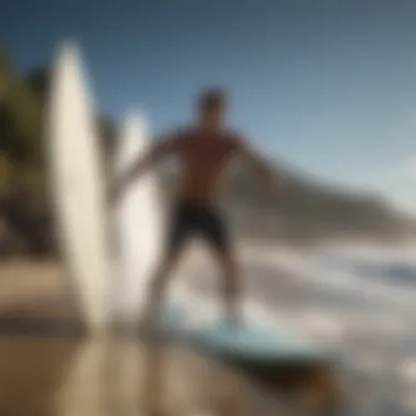 Surfer trying out different surfboards at a rental shop