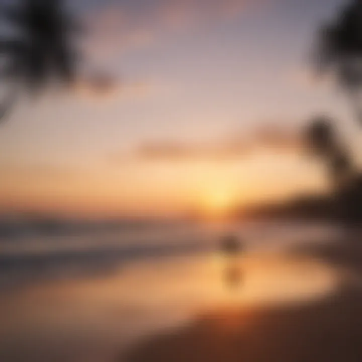 Stunning view of Kuta Beach at sunset with surfers catching waves