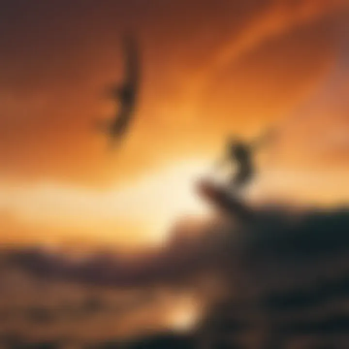 Silhouette of a wingsurfer against a fiery sunset